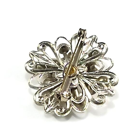 1950s Silver Tone Flower Brooch Purple Center Clear Rhinestone Vintage Pin - Picture 5 of 9